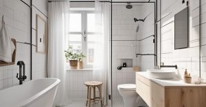 Styl skandynawski mała łazienka z prysznicem i pralką: Inspiracje!