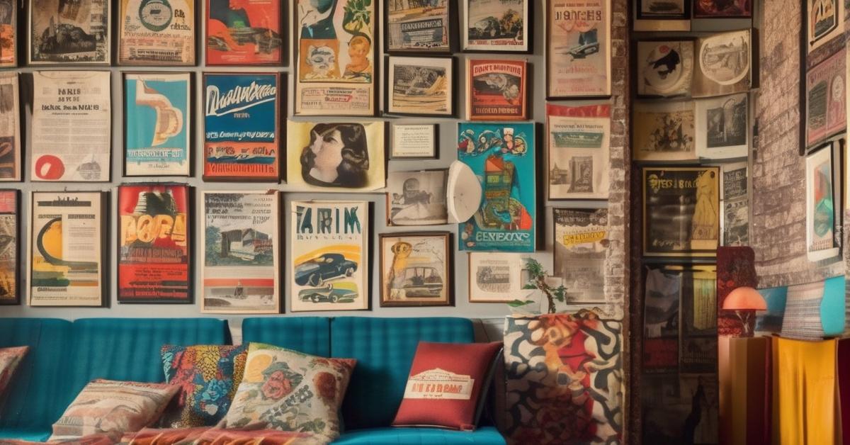 Kącik w salonie w polskim stylu vintage z odrestaurowanym fotelem z PRL-u, stolikiem kawowym i tapetą w stylu lat 60.