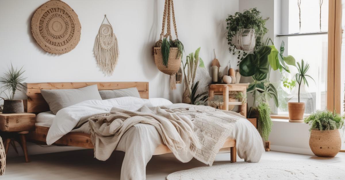 Rattanowy fotel z poduszką w salonie scandi boho.
