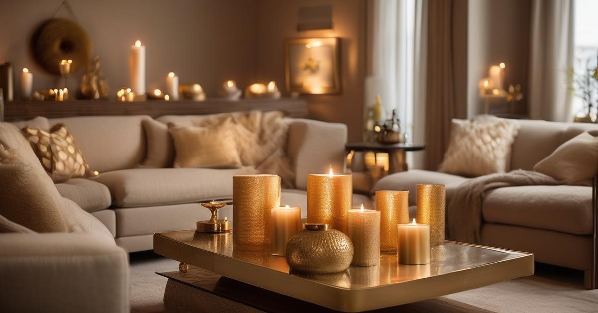 Luksusowy salon w stylu glamour ze złotymi akcentami i kryształowym żyrandolem odbijającym się w lustrze.