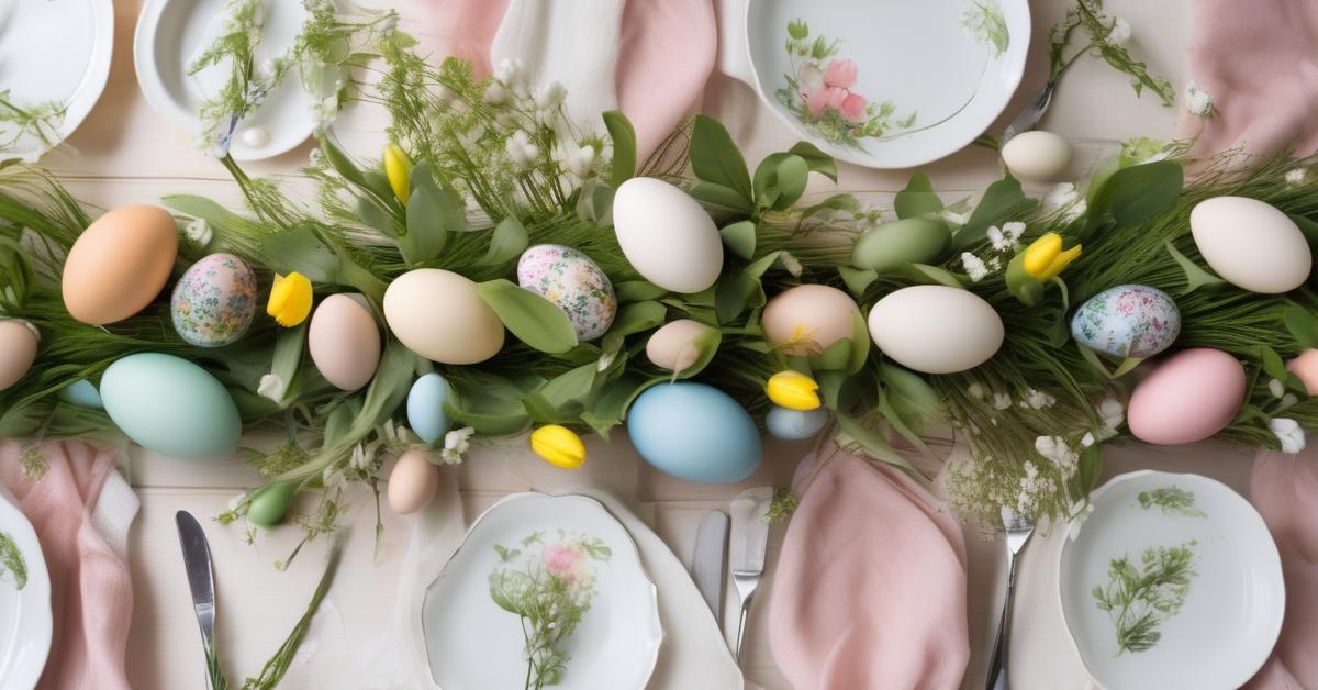 Urocze nakrycie stołu wielkanocnego w pastelowych barwach z elegancką zastawą, dekorowanymi pisankami i wiosennymi kwiatami.