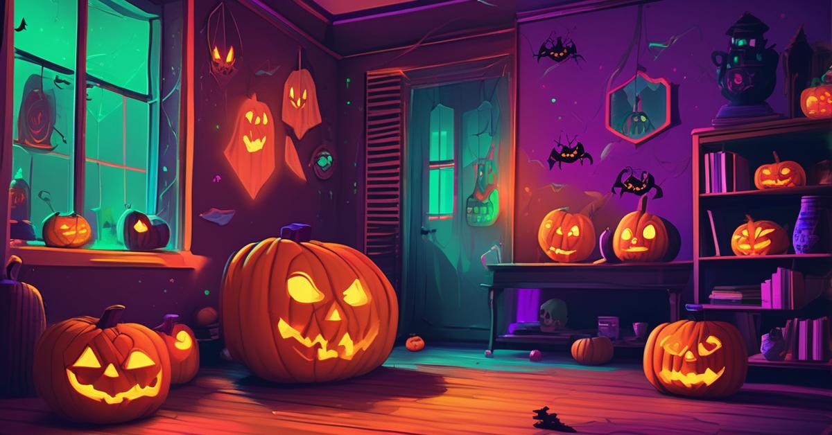Dekoracje Halloween DIY z naturalnych materiałów: gałęzie z pająkami, liście z czaszkami i dynia z szyszkami.