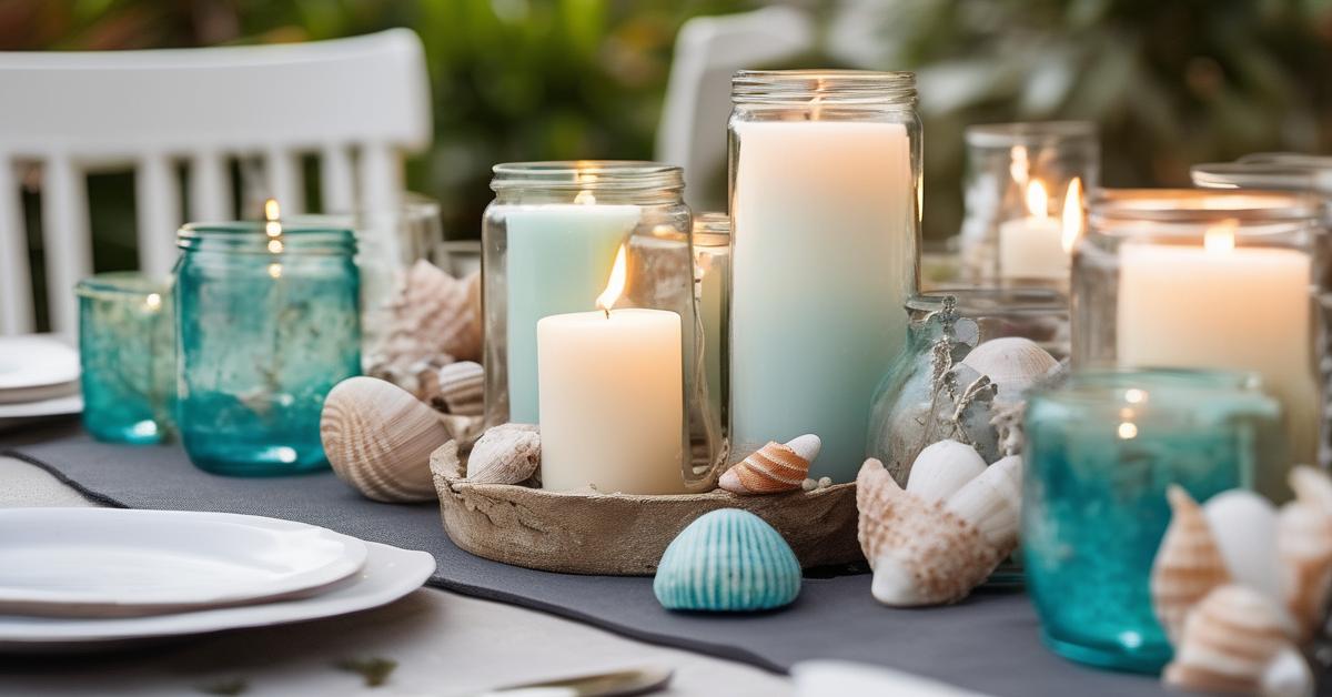 Świecznik DIY ze słoika owiniętego jutowym sznurkiem z zapaloną świeczką typu tealight.